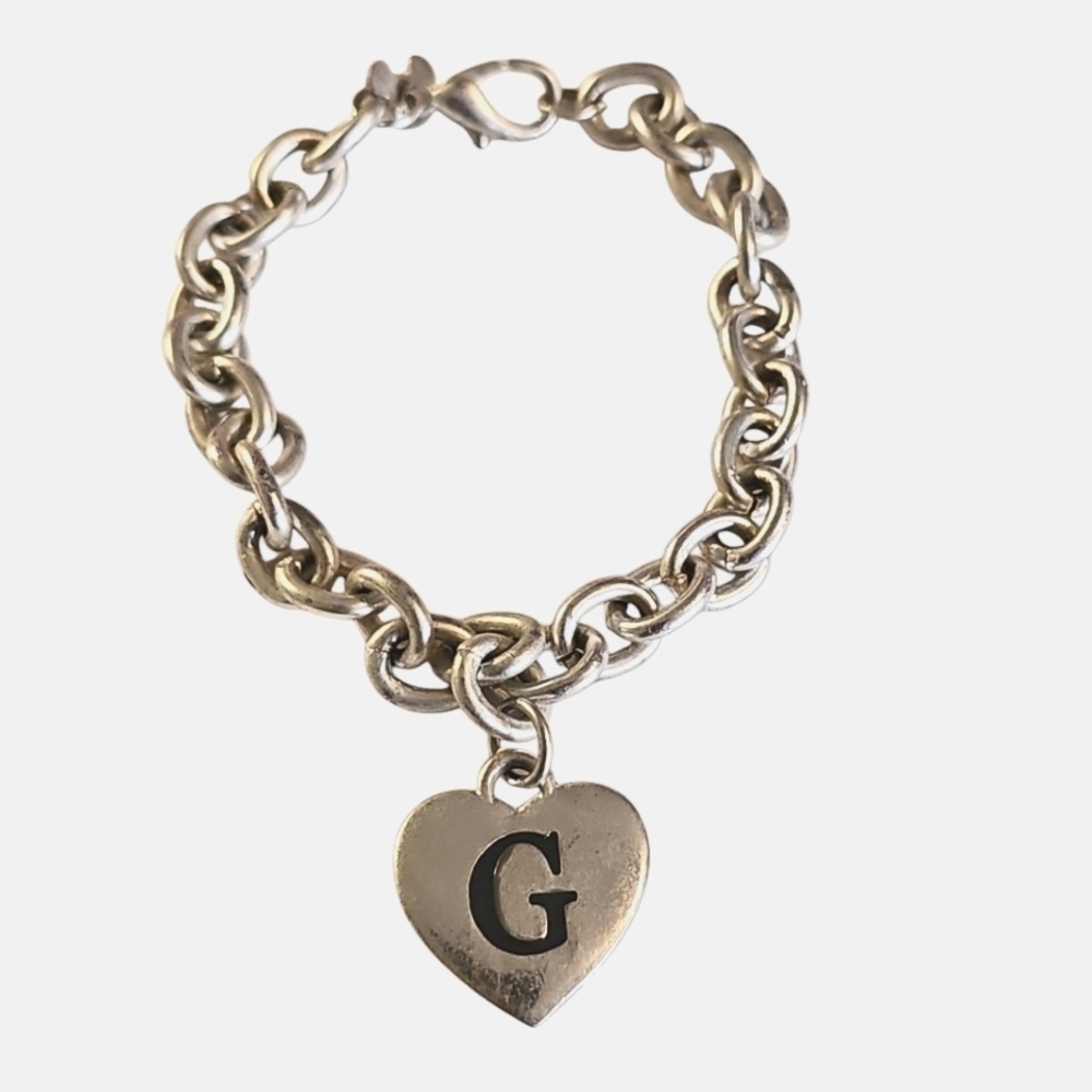 Disney Silvertone Chain Bracelet Initial G Heart Mickey Mouse Charm 7.5" Long